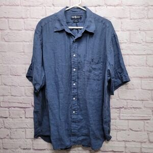 Ralph Lauren Blue Linen Button Shirt Mens XXL Retro Business Travel Coastal Camp